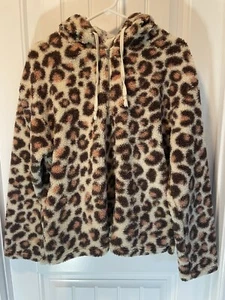 Fantastic Fawn Leopard Sherpa Hoodie Pockets Sz S Oversized Teddy Fleece Zip EUC - Picture 1 of 13