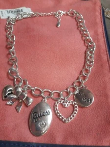 Guess Heart & Bow Charm Chain Necklace Silver Tone Inlay & Rhinestone NWT - Picture 1 of 4