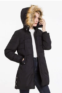 Polydeer Women's Classic Winter Jacket Faux Fur Hood Soft Vegan Down Black Smal - Picture 1 of 4