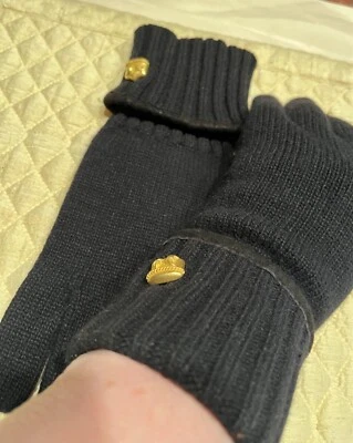 Barry Kieselstein Cord black knit gloves w sun/moon goldtone on cuffs suede palm - Image 1 of 4