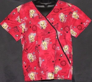 Looney Tunes Tweety Bird Large Red Ambition Mock Wrap Kimono Scrub Top Medical - Picture 1 of 12