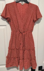 Camellia Red V Neck Elastic Waist Mini Floral Dress Size Medium - Picture 1 of 5