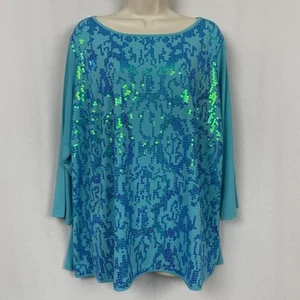 Bob Mackie Tunic Top Womens 1X Blue Sequin Wearable Art Mermaid Sparkle Dressy - Picture 1 of 13