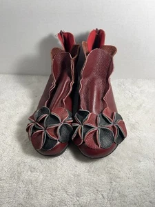 Burgundy red leather hand made flower design back zip booties size 245 US 7.5 - Picture 1 of 6
