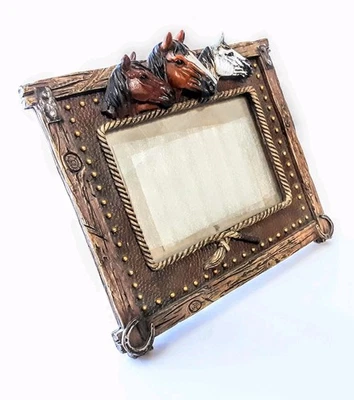 Western 3D Resin Horses Picture Frame 8"x10" Holds 5"×7" Photo Rustic Cowboy - Image 1 of 4