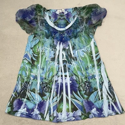 Blusa Top Mujer Cato 26/28W Azul Verde Adornada Floral Poncho Ligero Foto 1 de 4