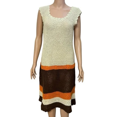 60s 70s VTG Handmade Womens Crochet Midi Dress Medium Sleeveless Shift Open Knit - Image 1 of 4