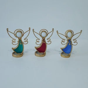 3 Vintage 2 1/2" Stained Glass Angels Red Blue Green, white faces gold tone trim - Picture 1 of 7