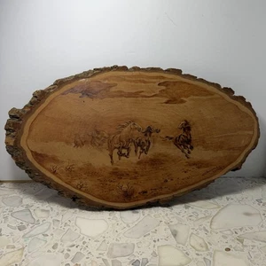 Vintage Pyrography Horse Wall Art Signed Choung Song Live Edge Wood Plaque - Picture 1 of 4
