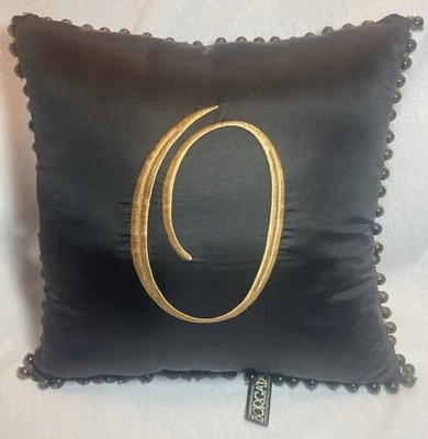 BORGATA Gold “O” Monogrammed Black Beaded Trim Throw Pillow 12” X 12” - Image 1 of 4