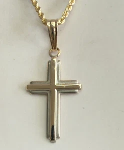 14K Two-Tone Cross Pendant & 14K Yellow Gold Rope Chain Necklace - Picture 1 of 10