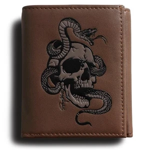Small Trifold Wallets For Men Skull Mens Tri Fold Leather Wallet Brown Wester... - Foto 1 di 6