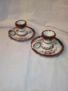 Vintage POTTERY TAPER CANDLE HOLDERS WITH HANDLES MADE IN PORTUGAL Hand Painted - Picture 1 of 4
