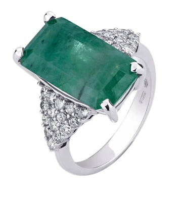 Anillo Oro Blanco 18kt. con Diamante Y Grande Esmeralda Natural Brasil CT 7,48 - Imagen 1 de 4