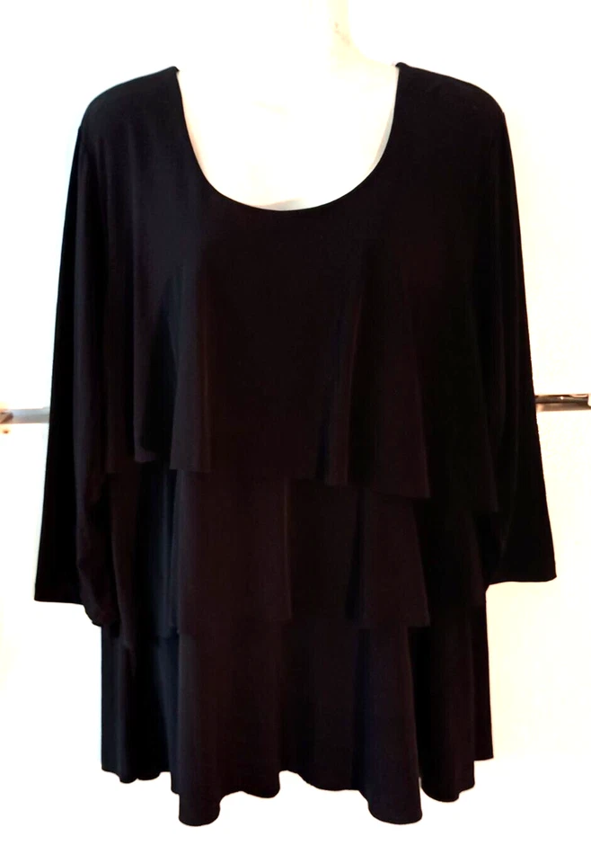 WOMEN'S SUSAN GRAVER SOLID BLACK 3./4 SLEEVE SCOOP NECK TIERED TUNIC TOP SIZE XL - Image 1 of 4
