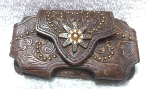 Hand Tooled Leather Nocona Western Cell Phone Case Floral Studded Brown Good - Photo 1 sur 11