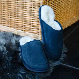 Men's 'James' Lambswool Slipper Mules - Navy - Picture 1 of 4