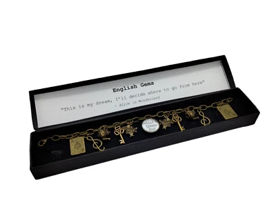 Alice in Wonderland Charm Bracelet Alice Quote on Gift Box Insert English Gems - Image 1 of 2