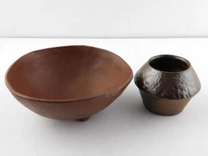 Lot of 2 Art Pottery Pcs Small Vase and Footed Trinket Dish Signed Modern GOOD - Picture 1 of 12