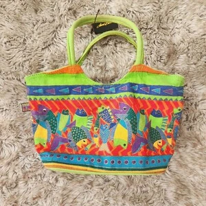 Bolso de Mano Laurel Burch Pez Bailando Pintado Lona Verde Lima - Imagen 1 de 15