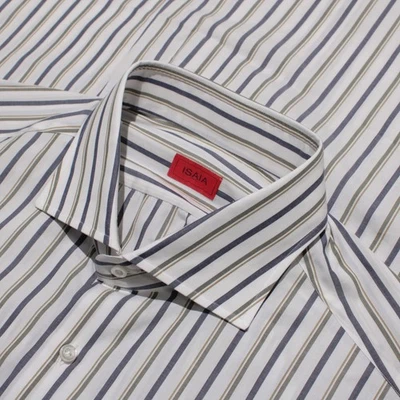 Camisa de vestir Isaia nueva con etiquetas talla 17,5 44 en rayas blancas/azules/verdes 100 % algodón Foto 1 de 4
