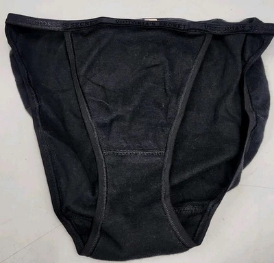Vintage Victoria's Secret 100% Cotton Black Signature String Bikini Panty Large  - Image 1 of 4