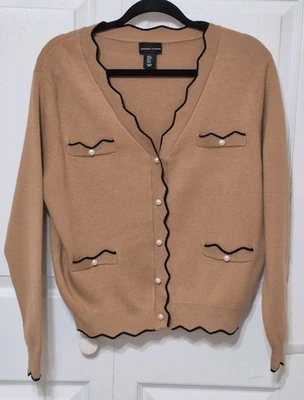 Adrienne Vittadini S Cárdigan Tostado Suéter Puño Festoneado Mangas Largas y Borde Foto 1 de 4