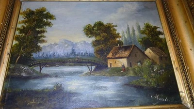 Tableau ancien XIXÈME Paysage de montagne animé. Signature illisible - Photo 1/4