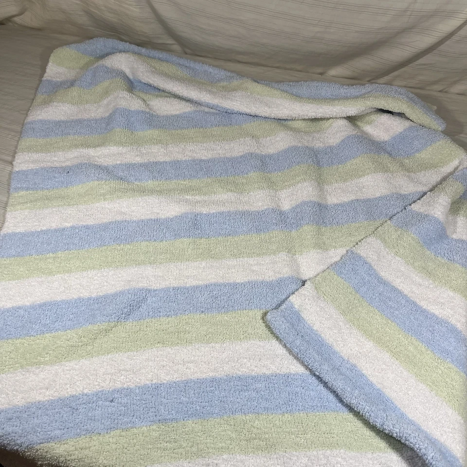 HTF Carters Blue White Green Stripe Baby Blanket Chenille Security Lovey - Image 1 of 4
