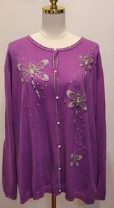 NWT Bob Mackie Wearable Art Purple Pearl Dragonfly Beaded Cardigan Sweater 3X - Imagen 1 de 15