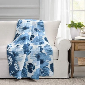 Leah Reversible Throw Blanket, 50" W x 60" L, Navy & White - Large Blooming W... - Picture 1 of 7