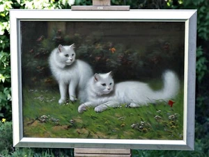 Beno Boleradsky (1885-?) - Dos gatos blancos jugando, pintura al óleo sobre lienzo - Imagen 1 de 8