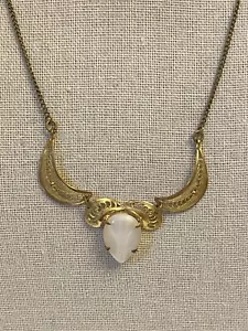 Vintage Western Germany Filigree Necklace Faux Moonstone Gold Tone Metal Signed - Picture 1 of 7