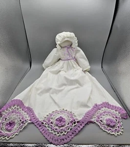 Vintage Handmade Amish Doll White And Purple Crocheted Dress With Bonnet - Picture 1 of 6