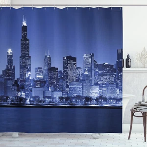 Dark Blue Shower Curtain Chicago Skyline Night Print for Bathroom 84" Extralong - Picture 1 of 2