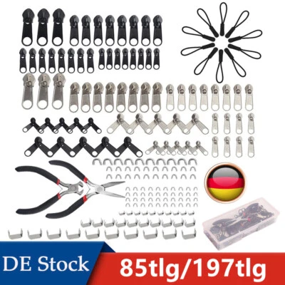 MARKENLOS 197x Reißverschluss Reparatur Set Zipper Schieber Metall Repair Ersatz & Zange