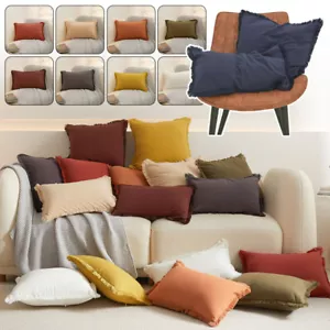 Cotton Rectangle Square Cushion Cover with Tassels Solid Color Zipper Pillowcase - Picture 1 of 25