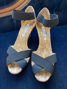 Manolo Blahnik Women's Black Terwe Elastic Cork Wedge Sandals Size 38 - Picture 1 of 9