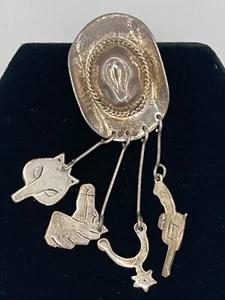 Brooch Sterling Silver Cowgirl Hat Dangles Horse Spur Fox Pistol Western Cowboy - Picture 1 of 14
