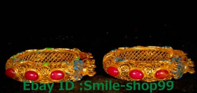 3" Antigua China Filigrana Esmalte Gema Dinastía Doble Cabeza de Dragón Pulsera Brazalete Par Foto 1 de 4