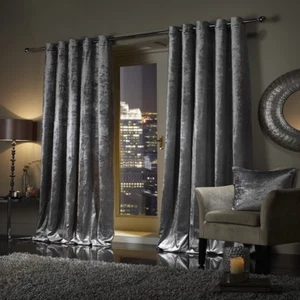 PAIR Crushed Velvet Curtains Fully Lined Ready Made Thick Eyelet PENCIL PLEAT UK - Picture 1 of 4