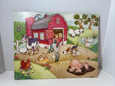 Vintage Cardboard Children’s Farm Scene Jigsaw Puzzle Ducks, Pigs, Cow, Barn Etc - Image 1 of 4