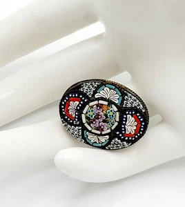 Antique Micro Tile Mosaic Colorful Floral Flower Center Millefiori Brooch Pin - Picture 1 of 22
