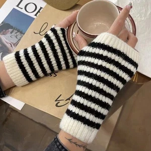 Wool Knitting Warm Half Gloves 21cm Striped Fingerless Gloves Knit Arm Sleeves - Picture 1 of 18