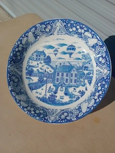 Japanese  Sanyei China Large 14.25” Serving Bowl Blue White Country Life Vintage - Picture 1 of 4