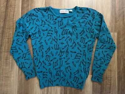 Vintage Evan-Picone Sweater Womens Small Teal Wool Angora Musical Notes 80s - Image 1 of 4