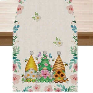 Gnome Watercolor Flowers Spring Table Runner Summer Seasons Burlap Table Decorat - Picture 1 of 5