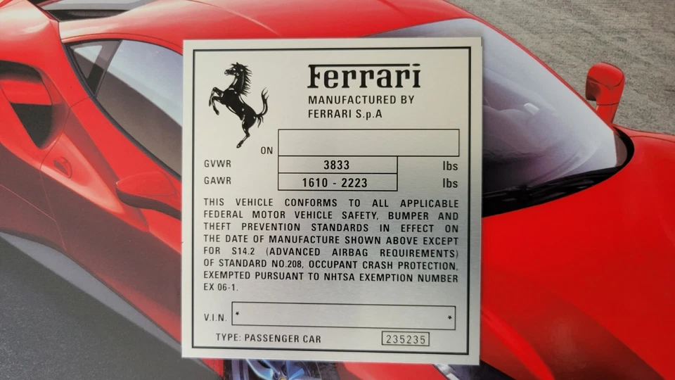 Etiquetas V.I.N.# atasco puerta jamba Ferrari 360 F430 458 488 599 612 Enzo Foto 1 de 4