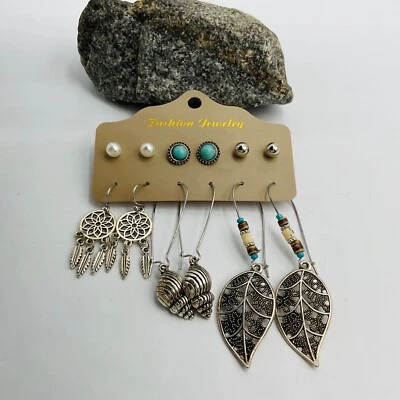 Earrings 6 Pairs Gift Boho Stud Shell Leaf Dangle Jewelry Silver Tone Patina - Image 1 of 4