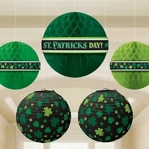 amscan St. Patty's Day Hanging Decoration 5 Piece Honeycomb & Lanterns NEW - Picture 1 of 4